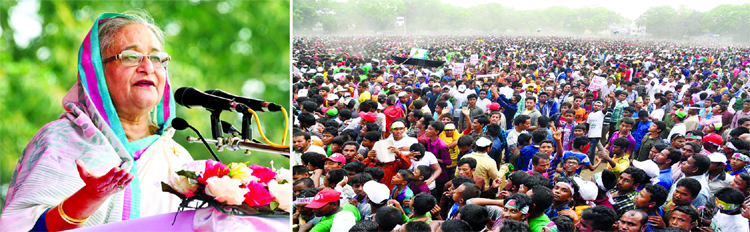 Prime Minister Sheikh Hasina addressing the huge public meeting at the Thakurgaon Zila School ground on Thursday.