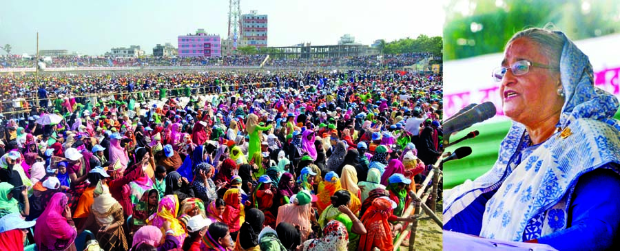 Prime Minister Sheikh Hasina addressing a huge public meeting organised by Chandpur District Awami League at Chandpur Stadium yesterday afternoon. Photo : PMO