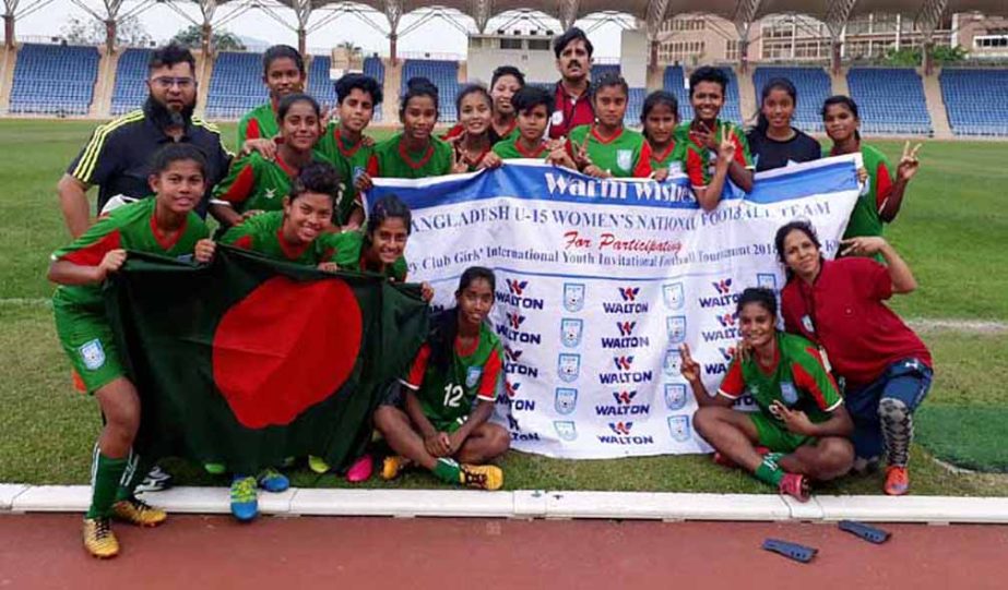 Members of Bangladesh National Under-15 Women's Football team celebrating after earning the victory against Hong Kong National Under-15 Women's Football team in the last match of the Jockey Club Girls International Youth Invitational Football Tournament