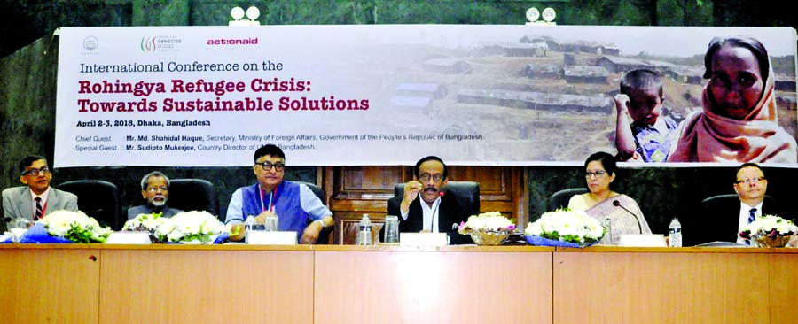 Foreign Secretary Shahidul Haque speaking at an international conference on ' Rohingya Refugee Crisis : Towards Sustainable Solutions' at the Senate Bhaban of Dhaka University on Monday.