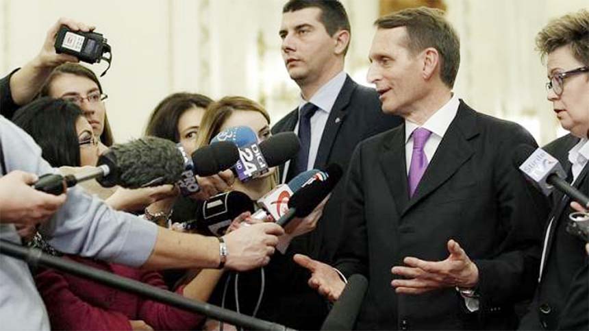 Russia's Foreign Intelligence Agency chief Sergei Naryshkin speaking at a news conference in Moscow on Wednesday.