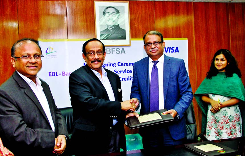 EBL Managing Director and CEO Ali Reza Iftekhar and President of Bangladesh Foreign Service Association Md. Shahidul Haque exchanging documents after signing memorandum of understanding for co-branded Visa Signature Card at a ceremony held at the Minist