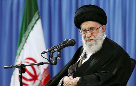 Iran's Supreme Leader Ayatollah Ali Khamenei gestures before delivering a speech in Mashad, Iran.