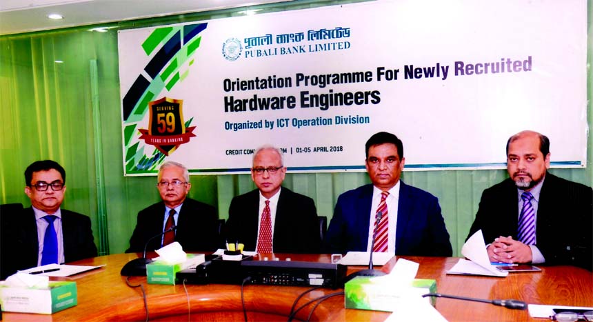 Md. Abdul Halim Chowdhury, Managing Director of Pubali Bank Limited, addressing at an orientation programme for its newly recruited Hardware Engineers at the bank's head office in the city recently. Safiul Alam Khan Chowdhury, AMD, Mohammad Ali and Akhta