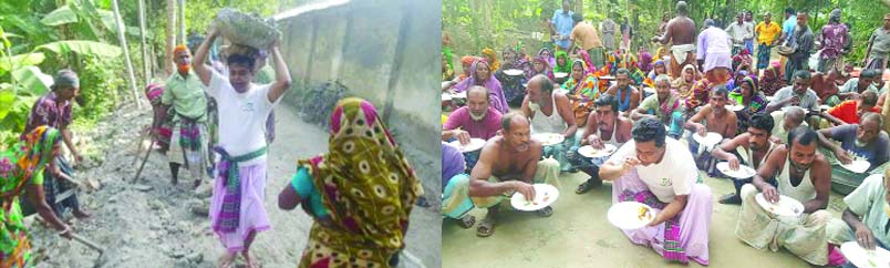 SATKHIRA: S M Jaglul Hyder , MP from Satkhira -4 Constituency himself attended the digging work to encourage the labourers (top) and later he ate 'Pantabhat with them at Rudrapur village under Vurulia Union in Shayamnagar Upazila in the district s