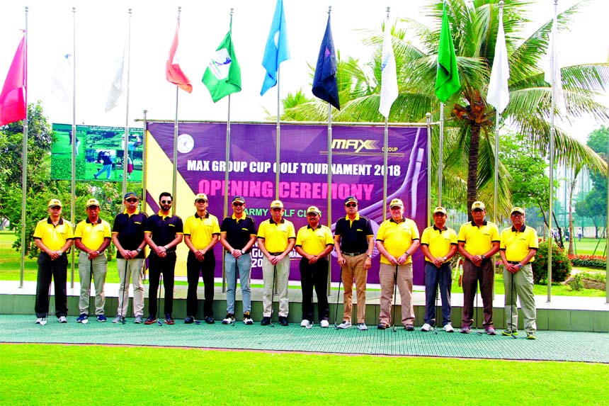 Quartermaster General of Bangladesh Army Lieutenant General Aziz Ahmed, the chief guest at the inaugural ceremony of the Max Group Cup Golf Tournament poses with the officials of Max Group and Army Golf Club in the city's Army Golf Club on Friday. Chairm