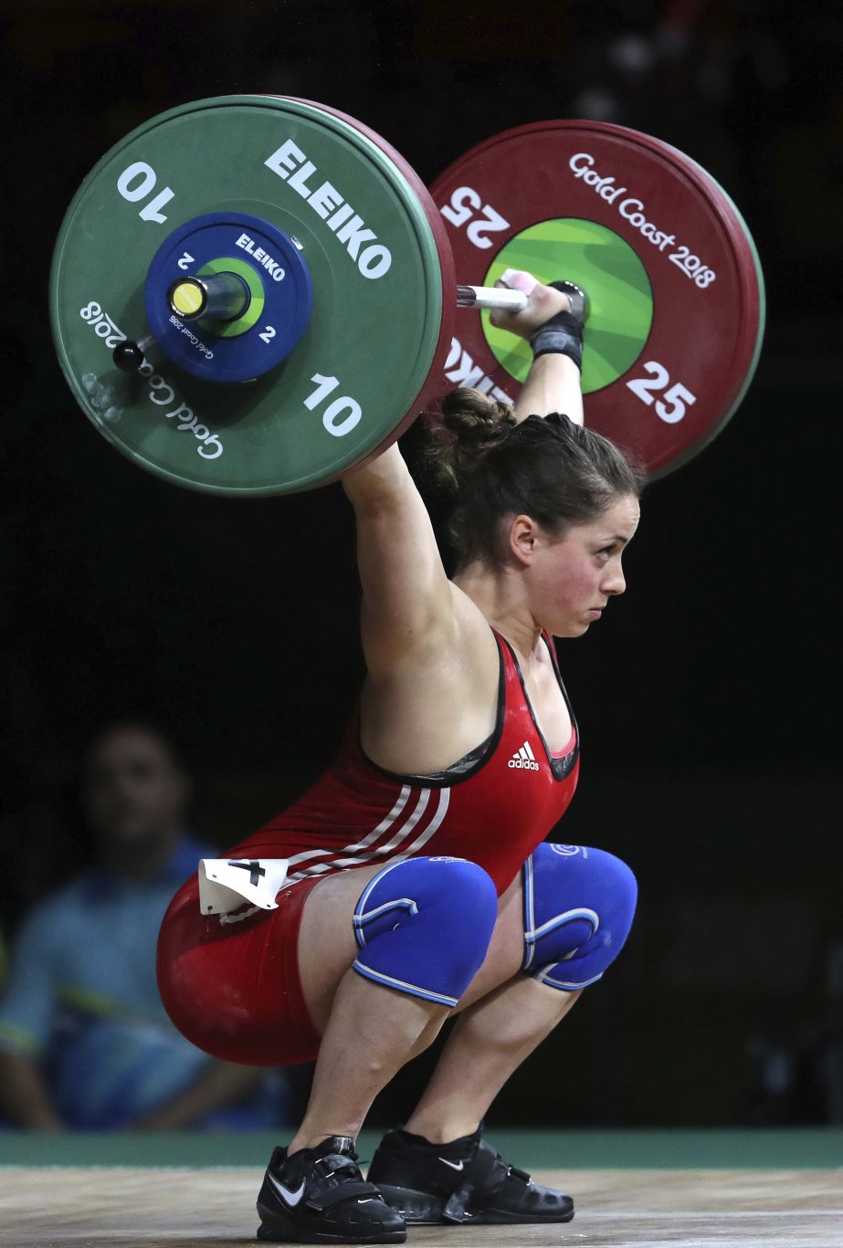 Canada's Maude Charron lifts to win gold medal in the Women's 63Kg Weightlifting final at the Commonwealth Games in Gold Coast, Australia on Saturday.