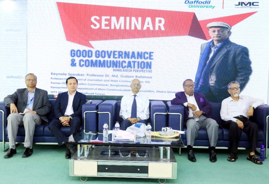 Former Chief Information Commissioner Prof Dr Md. Golam Rahman, media personality Shykh Seraj and Dr Md. Sabur Khan, Chairman, Board of Trustees, Daffodil International University along with other distinguished guests at the seminar on "Communication and
