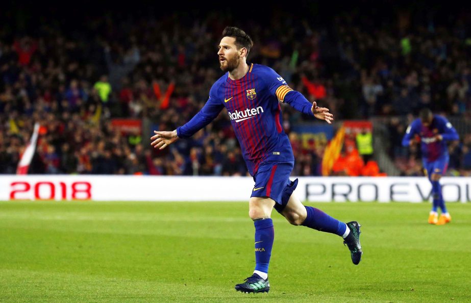 FC Barcelona's Lionel Messi celebrates after scoring during the Spanish La Liga soccer match between FC Barcelona and Leganes at the Camp Nou stadium in Barcelona, Spain on Saturday.