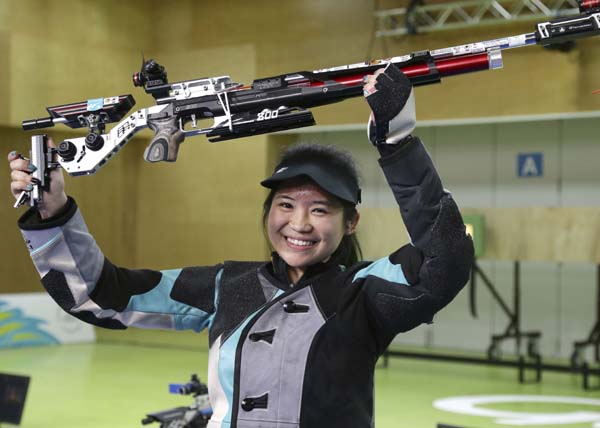 Martina Lindsay Veloso of Singapore wins the gold medal in the women's 10m Air Rifle at the Belmont Shooting Centre during the 2018 Commonwealth Games in Brisbane, Australia on Monday.