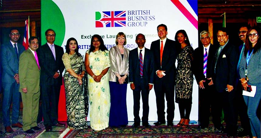 British High Commissioner to Bangladesh Alison Blake, poses for a photograph at the launching programme of British Business Group (BBG) Bangladesh at her residence in the city on Monday. Kazi M Aminul Islam, BIDA Chairmain, Francois De Maricourt, Chairman