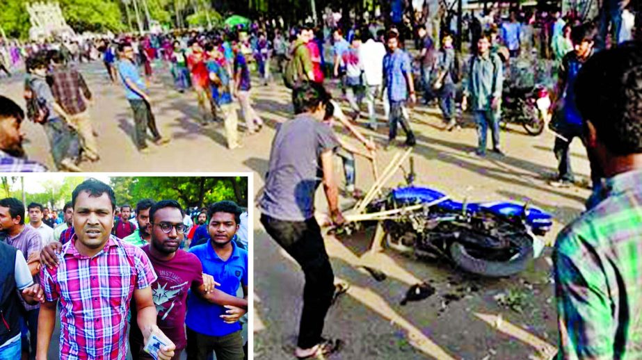 ASI Taiful Islam of Dhanmondi thana was assaulted while he was going to office by the quota movement protesters in front of DU Raju Sculpture on Tuesday. His motor bike was also torched.
