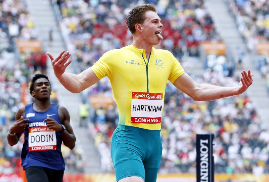 Australia's Alex Hartmann reacts as he crosses the finish line in second place in his men's 200m heat at Carrara Stadium during the 2018 Commonwealth Games at the Gold Coast, Australia on Tuesday.