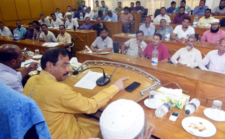 CCC Mayor A J M Nasir Uddin speaking at a coordination meeting with Cleanness Department as Chief Guest on Monday.