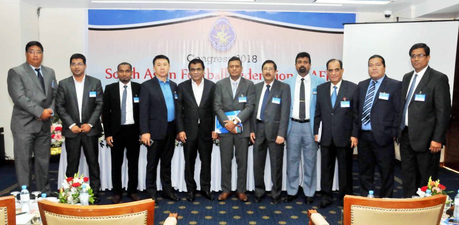 The participants of the SAFF Congress pose for photo at the Pan Pacific Sonargaon Hotel in the city on Wednesday.