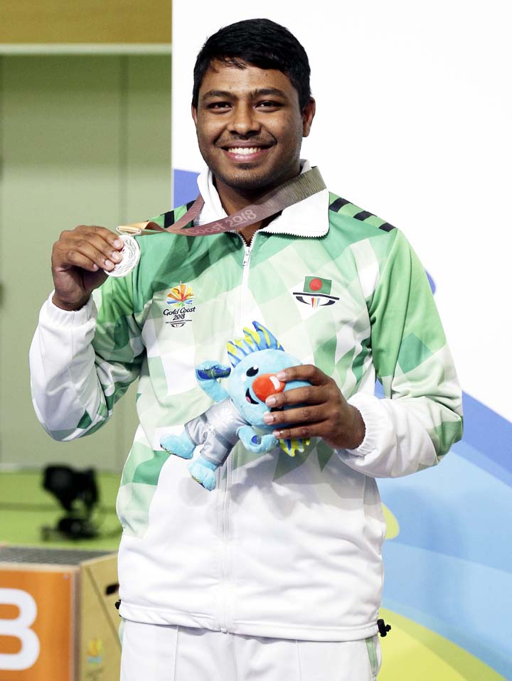 Shakil Ahmed of Bangladesh wins the silver medal during the men's 50m Pistol final at the Belmont Shooting Centre during the 2018 Commonwealth Games in Brisbane, Australia on Wednesday.