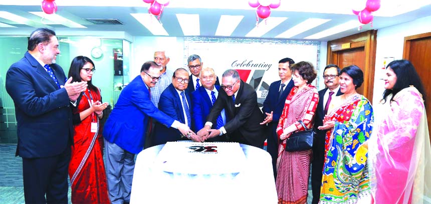 MA Awal, Chairman of AB Bank Limited, inaugurating its 36th founding anniversary programme by cutting cake at the banks head office in the city on Thursday. Moshiur Rahman Chowdhury, Managing Director and other directors of the bank were also present.