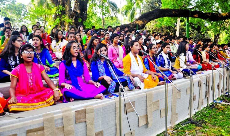 Artistes of Chhayanaut performing a rehearsal programme at the Ramna Batomul on the occasion of Pahela Baishakh to be celebrated today.