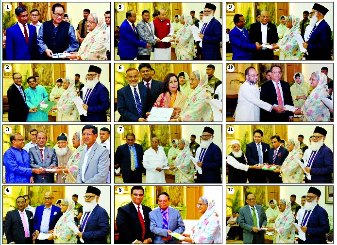 The following banks donate to the Prime Minister's Relief and Welfare Fund at Ganobhaban recently. Prime Minister Sheikh Hasina is seen receiving the cheques worth Tk 5 crore each from (1) Bank Asia (2) Islami Bank Bangladesh (3) Jamuna Bank (4) Al-Arafa