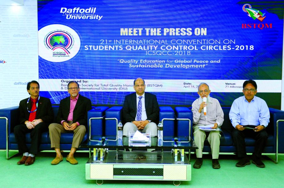 Vice-Chancellor of Daffodil International University (DIU) Prof Dr.Yousuf M Islam along with other distinguished guests at 'Meet The Press' on 21st International Convention on Students Quality Control Circles-2018 in the conference room of DIU on Mond