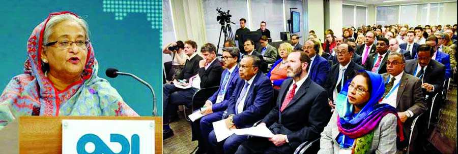 Prime Minister Sheikh Hasina addressing a seminar on 'Development Story of Bangladesh: Policy, Advancement and Prospect' at Overseas Development Institute (ODI) in London on Tuesday. BSS photo