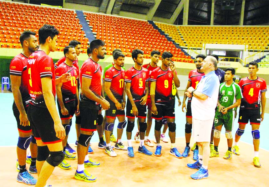 Members of Bangladesh National Volleyball team during their practice session at the Shaheed Suhrawardi Indoor Stadium in the city's Mirpur on Friday.