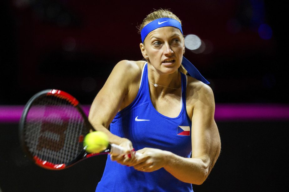 Czech Republic's Petra Kvitova returns a shot to Julia Goerges during a single match of the tennis Fed Cup semifinal between Germany and Czech Republic in Stuttgart, Germany on Saturday.
