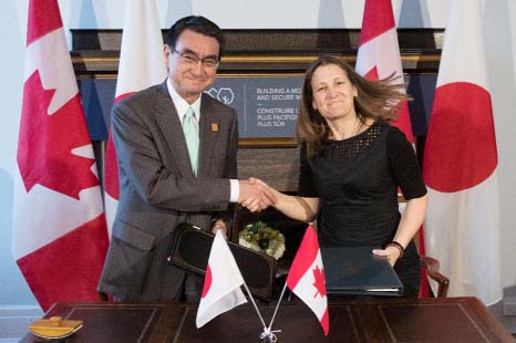 Canada's Minister of Foreign Affairs Chrystia Freeland shaking hands with Japanese Foreign Minister Taro Kono in Toronto.
