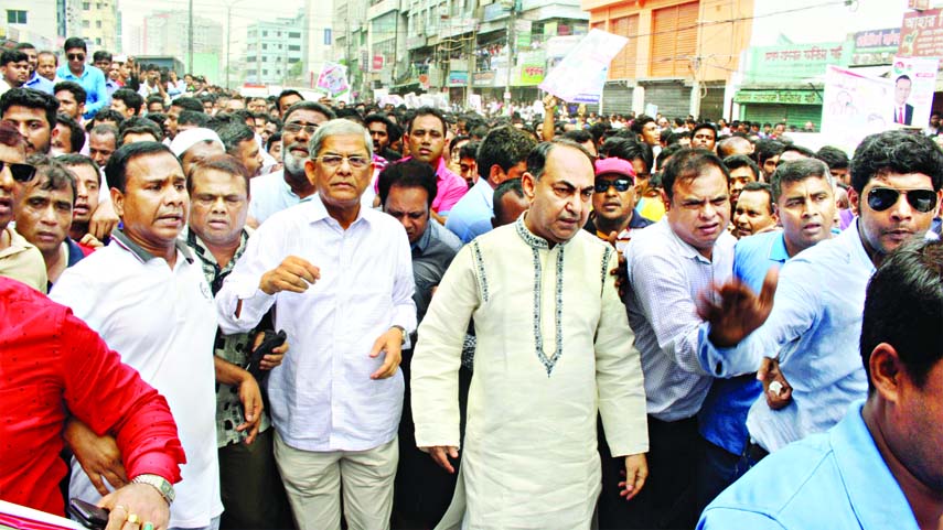 Dhaka North City Unit of BNP stages demonstration in front of Hossain Market at Badda area led by party Secretary General Mirza Fakhrul Islam Alamgir on Sunday, seeking ailing Chairperson Khaleda Zia's immediate release from jail.