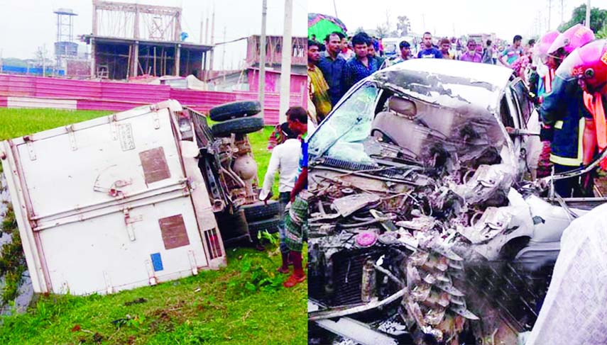 Father and son were killed among three persons as a private car hit a covered van at Bhaluka in Mymensingh on Sunday.
