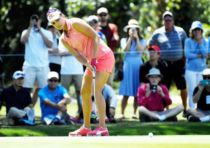 Lexi Thompson putts on the second hole during the third round of the LPGA Tour's HUGEL-JTBC LA Open golf tournament at Wilshire Country Club on Saturday in Los Angeles.