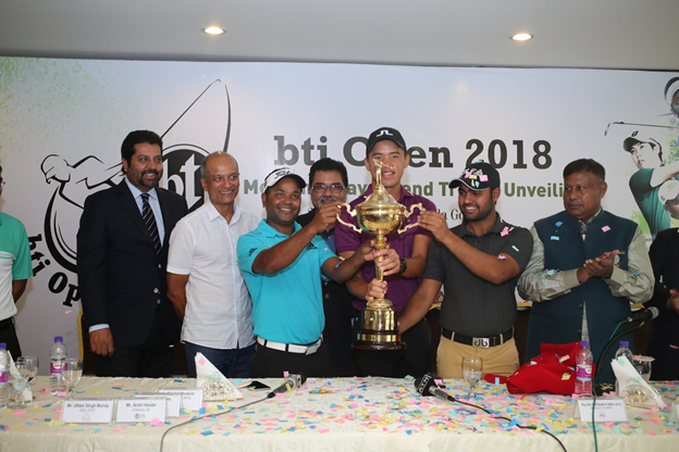 (Left to right)) Uttam Mundy, CEO, PGTI; Arshi Haider, Chairman of bti; Siddikur Rahman, Professional Golfer; Asif Ibrahim, President, BPGA; Johnson Poh, Professional Golfer, Honey Baisoya, Professional Golfer unveiling the bti Open 2018 Trophy on Monday