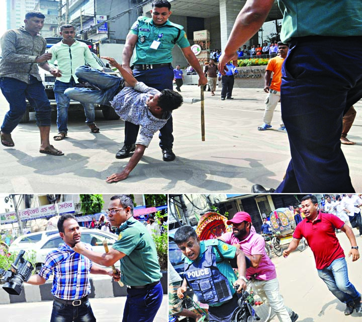 Police assaulting a BNP activist (top); a photographer being picked up (left-bottom) and a police officer being manhandled by the workers on Monday while staging rally in city's Paltan area, demanding party Chairperson Khaleda Zia's release and treatmen