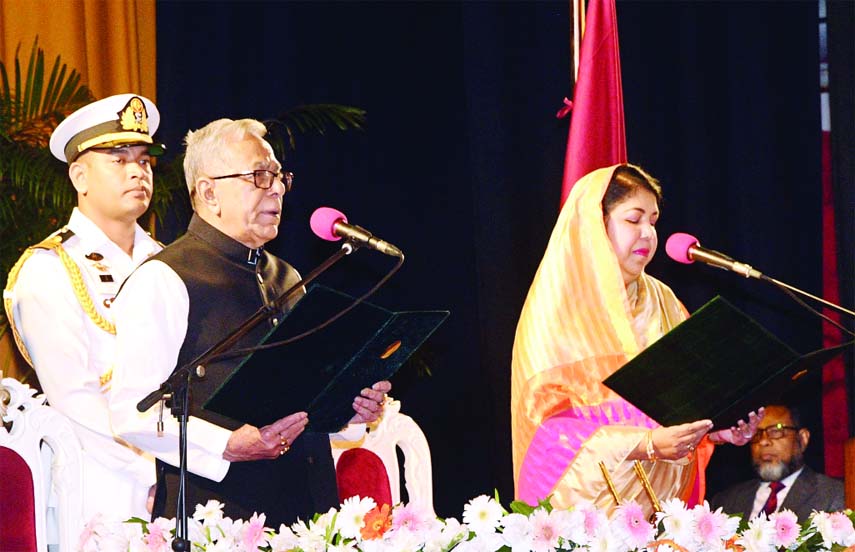Speaker Dr Shirin Sharmin Chaudhury administering oath to Md Abdul Hamid for the second consecutive term as President at the Darbar Hall of Bangabhaban on Tuesday.