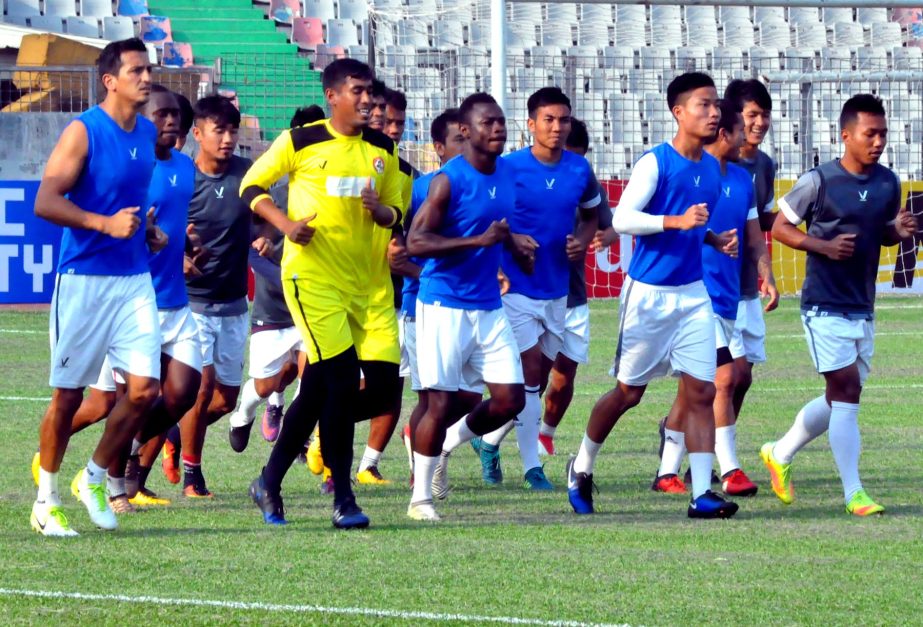 Players of Aizawl FC taking part at a practice session at the Bangabandhu National Stadium on Tuesday.