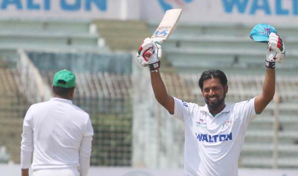 Abdul Mazid of Walton Central Zone celebrating after scoring a century against Islami Bank East Zone on the first day of the four-day Bangladesh Cricket League between the match of Walton Central Zone and Islami Bank East Zone at the Shaheed Kamruzzaman S