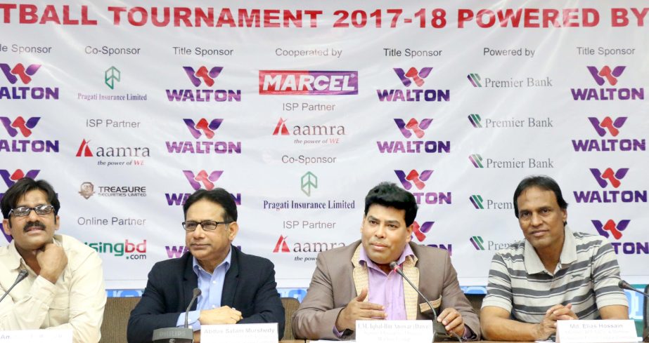 Senior Operative Director (Head of Games & Sports Department) of Walton Group FM Iqbal Bin Anwar Dawn (2nd from right) addressing a press conference in BFF House on Wednesday.