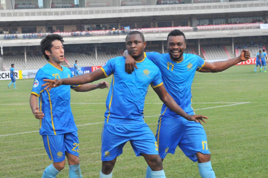Players of Abahani Limited celebrate after scoring a goal against Aizawl Football Club of India in their group match of the AFC Cup Football Tournament at Bangabandhu National Stadium on Wednesday.