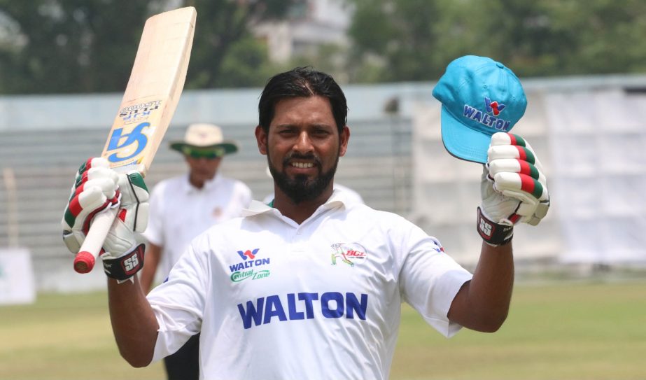 Abdul Mazid of Walton Central Zone celebrating his double ton against Islami Bank East Zone on the 2nd day of the four-day Bangladesh Cricket League between the match of Walton Central Zone and Islami Bank East Zone at the Shaheed Kamruzzaman Stadium in R
