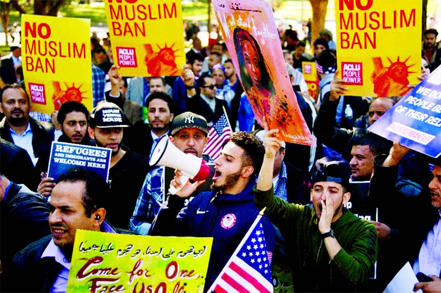 Demonstrators in Washington DC last October protesting the newest version of President Donald Trump's travel ban, which blocked immigrants from six mostly-Muslim countries.