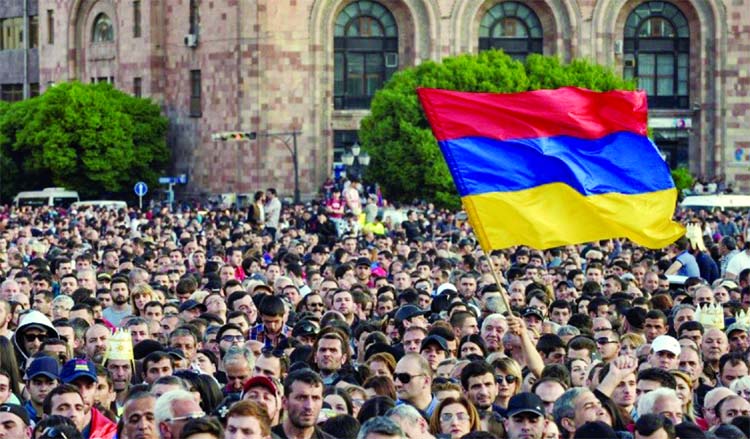 Armenian opposition supporters demonstrate in downtown Yerevan.