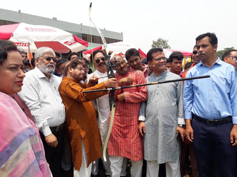 Cultural Affairs Minister Asaduzzaman Noor inaugurating the Teer archery talent hunt program at the Nilphamari District Sports Association ground on Saturday.
