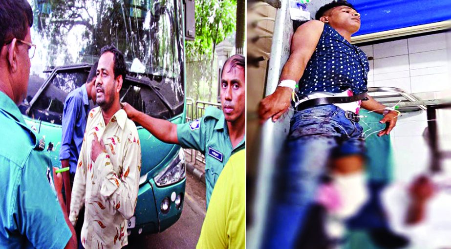 A private car driver: Russell (right) lost his leg as Green Line bus ran over him when he tried to stop the bus for hitting his car from behind at Postalgola area on Saturday. Police, however chased the bus driver Kabir Hossain and arrested him near the