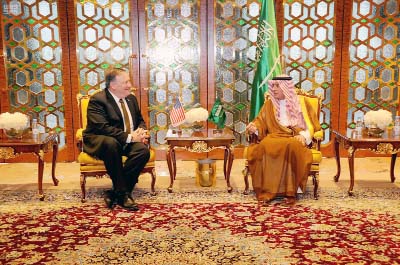 U.S. Secretary of State Mike Pompeo, (left) talks with Saudi Foreign Minister Adel Al Jubeir, in Riyadh.