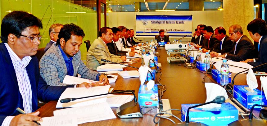 Akkas Uddin Mollah, Chairman of Shahjalal Islami Bank Limited (SJIBL), presiding over the 263rd Board of Directors meeting at its head office in the city recently. Farman R Chowdhury, Managing Director, Mohammed Golam Quddus and Khandaker Shakib Ahmed, Vi