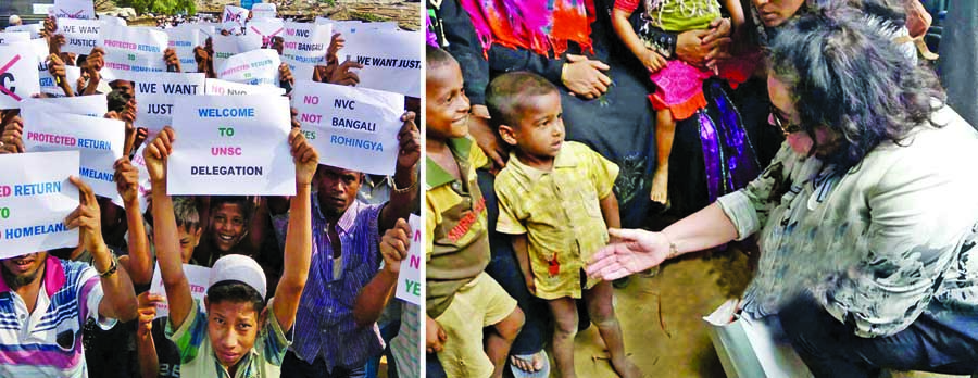 UNSC team members talking to refugee children at Kutupalong Camp to know the tales of brutalities by Myanmar Army on Rohingyas on Sunday (right) while many others displaying banners demanding justice and help for their safe return to home.