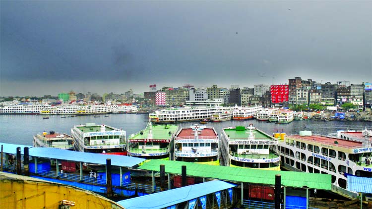 BIWTA suspended all types of water vessels sailing from Dhaka to Southern region due to stormy weather. This photo was taken from Sadarghat Terminal on Sunday.