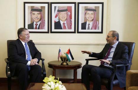 U.S. Secretary of State Mike Pompeo, left, meets with Jordanian Foreign Minister Ayman Safadi in Amman, Jordan on Monday..