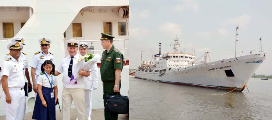 High officials of Bangladesh Navy welcoming Russian ship 'Admiral Vladimirsky, after its arrival at Chattogram Port for a four day-long visit yesterday.