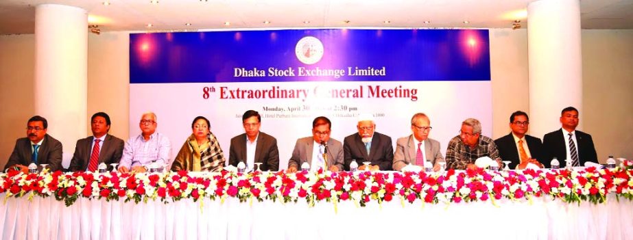 Professor Abul Hashem, Chairman of Dhaka Stock Exchange Limited, presiding over its 8th EGM at a hotel in the city on Monday. The AGM approves the selling agreement of 25 percent share to Shanghai-Shenzhen consortium.